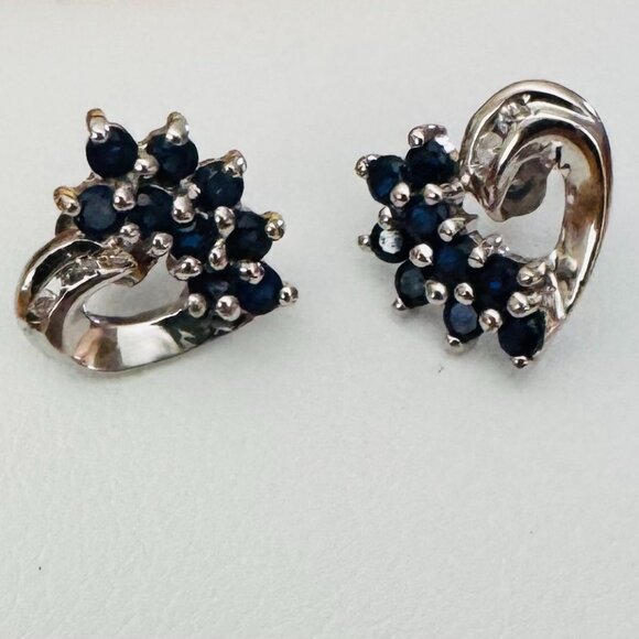 Jewelry - 10K White Gold Heart Cluster Earrings with sapphires and diamonds